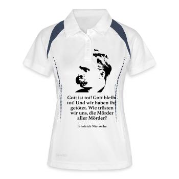 Nietzsche: Gott ist tot! Gott bleibt tot! Und wir - Frauen Polo atmungsaktiv - Weiß/Navy - Vorne