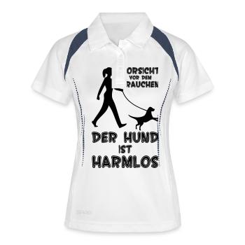 Vorsicht vor dem Frauchen, der Hund ist harmlos! - Frauen Polo atmungsaktiv - Weiß/Navy - Vorne
