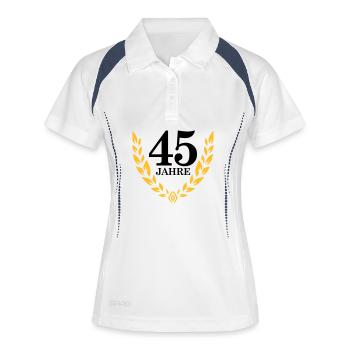 Jubiläum 45 Jahre Lorbeerkranz - Frauen Polo atmungsaktiv - Weiß/Navy - Vorne