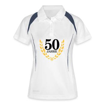 Jubiläum 50 Jahre Lorbeerkranz - Frauen Polo atmungsaktiv - Weiß/Navy - Vorne