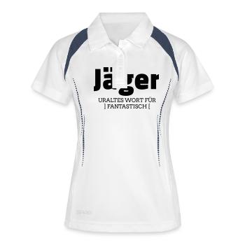 jäger - uraltes wort für fantastisch - Frauen Polo atmungsaktiv - Weiß/Navy - Vorne