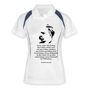 Nietzsche: Es ist wahr: Wir lieben das Leben, nic - Frauen Polo atmungsaktiv - Weiß/Navy - Vorne