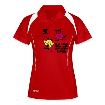 55. Geburtstag - Eulen "na und" - Frauen Polo atmungsaktiv - Weiß/Navy - Vorne
