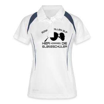 Sonnenbrillen auf, hier kommen die Glanzschüler - Frauen Polo atmungsaktiv - Weiß/Navy - Vorne