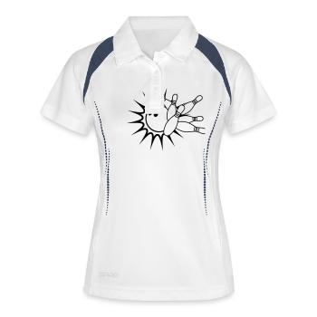 bowling pins umwerfen strike treffer sport verein - Frauen Polo atmungsaktiv - Weiß/Navy - Vorne