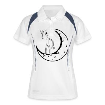 Stehendes Mond Alien winkt - Frauen Polo atmungsaktiv - Weiß/Navy - Vorne