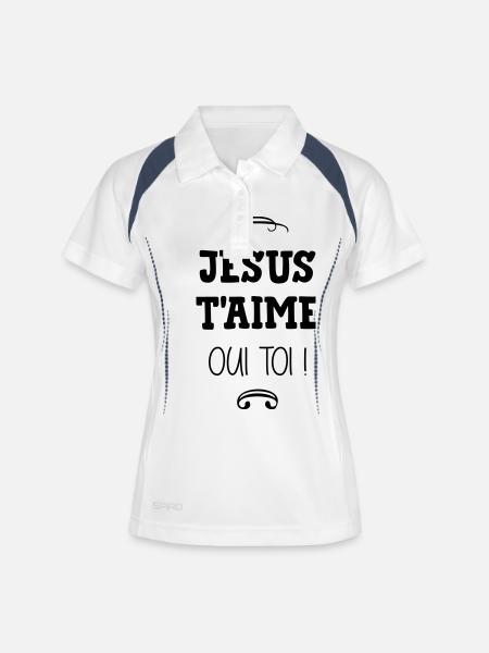Jésus t'aime oui toi ! Religion Christ Dieu Humour - Polo respirant Femme - blanc/marine