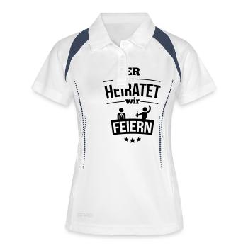 Er heiratet, wir feiern! - Frauen Polo atmungsaktiv - Weiß/Navy - Vorne