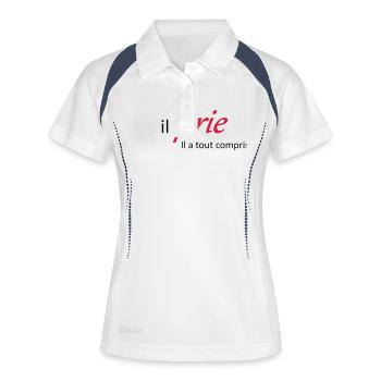 Er betet. Er hat alles verstanden. - Frauen Polo atmungsaktiv - Weiß/Navy - Vorne