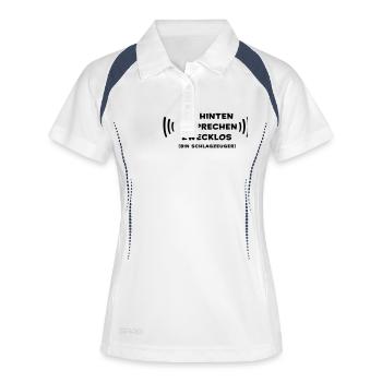 Von hinten ansprechen zwecklos - Schlagzeuger - Frauen Polo atmungsaktiv - Weiß/Navy - Vorne