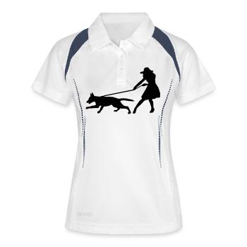 Hund zieht Frau 1 - Frauen Polo atmungsaktiv - Weiß/Navy - Vorne