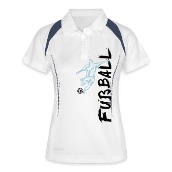 Fußball - Spieler + seitlicher Schriftzug - Frauen Polo atmungsaktiv - Weiß/Navy - Vorne