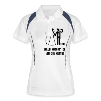 Bald komm’ ICH … (Bräutigam / JGA / Polterabend) - Frauen Polo atmungsaktiv - Weiß/Navy - Vorne
