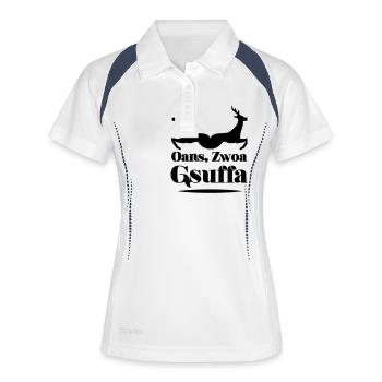 Oans Zwoa Gsuffa - - Wiesn - Frauen Polo atmungsaktiv - Weiß/Navy - Vorne