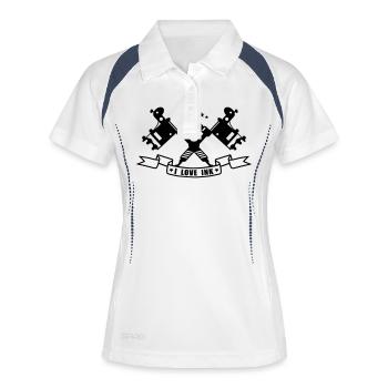 Tattoo Tätowiermaschinen Kreuz mit Banner - Frauen Polo atmungsaktiv - Weiß/Navy - Vorne