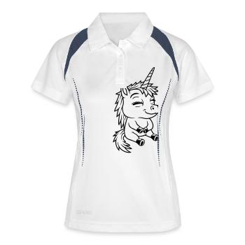 Kleines sitzendes Comic Einhorn - Frauen Polo atmungsaktiv - Weiß/Navy - Vorne