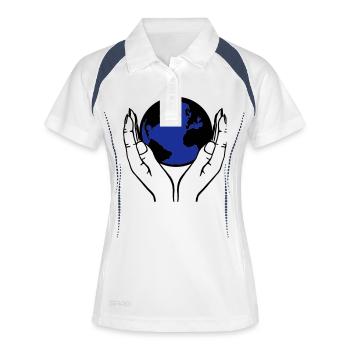 welt in händen - Frauen Polo atmungsaktiv - Weiß/Navy - Vorne