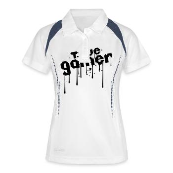 pixel true gamer 8 bit retro alt schrift text blut - Frauen Polo atmungsaktiv - Weiß/Navy - Vorne