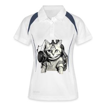 DJ Katze mit Blauen Augen - Frauen Polo atmungsaktiv - Weiß/Navy - Vorne