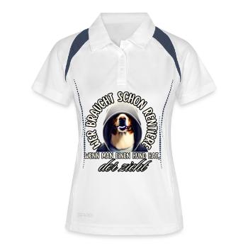 Hund im Hoodie zieht - Frauen Polo atmungsaktiv - Weiß/Navy - Vorne