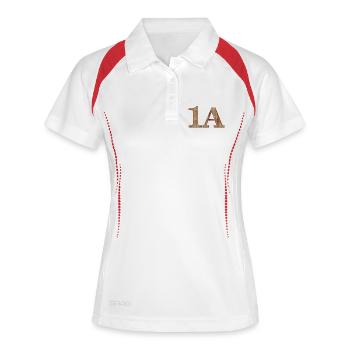 1A Holzbuchstabe im Holzmaserung - Frauen Polo atmungsaktiv - Weiß/Navy - Vorne