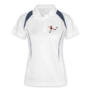 Dynamischer Fußballspieler in Bewegung - Frauen Polo atmungsaktiv - Weiß/Navy - Vorne