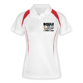 Boule und Wein so muss es sein! Petanque Bouler - Frauen Polo atmungsaktiv - Weiß/Navy - Vorne