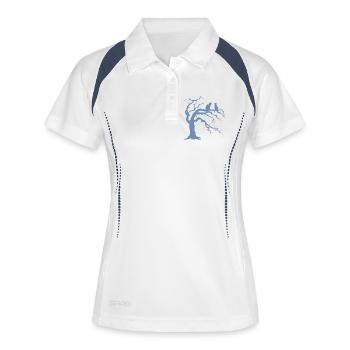 Arbre mort avec 2 silhouettes de chats - Polo respirant Femme - blanc/marine - Devant