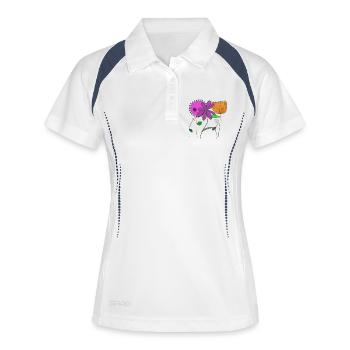 Blumenmotive mit bunten Blumen und Blättern - Frauen Polo atmungsaktiv - Weiß/Navy - Vorne