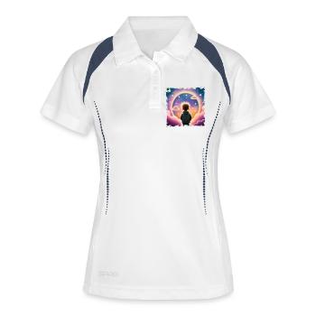 Junge schaut in die Ferne Sternenhintergrund - Frauen Polo atmungsaktiv - Weiß/Navy - Vorne