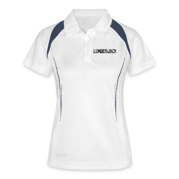 Holzarbeit Holzfäller Spruch Baumfäller Festmeter - Frauen Polo atmungsaktiv - Weiß/Navy - Vorne