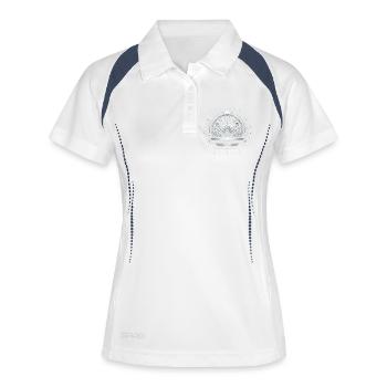 Faith: Silberne Bergkreis-Metall-Design - Frauen Polo atmungsaktiv - Weiß/Navy - Vorne