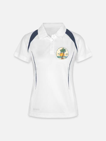 Sonnenuntergangs Palmeninsel - Frauen Polo atmungsaktiv - Weiß/Navy