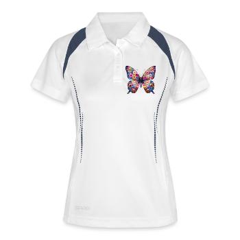 Schmetterling mit Blumen verziert - Frauen Polo atmungsaktiv - Weiß/Navy - Vorne