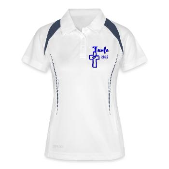baptême 2025 trempettes de poisson en croix bleu contraste - Polo respirant Femme - blanc/marine - Devant