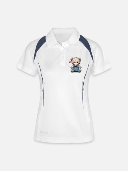 Ours en peluche vintage avec salopette - Polo respirant Femme - blanc/marine