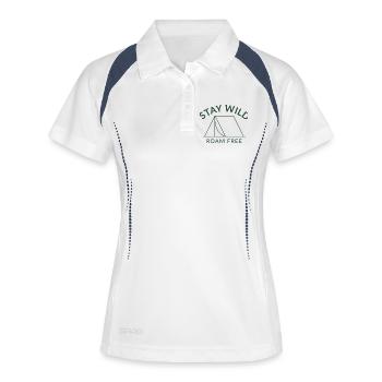 Stay Wild Roam Free Shirt – Minimalistisches Zelt - Frauen Polo atmungsaktiv - Weiß/Navy - Vorne