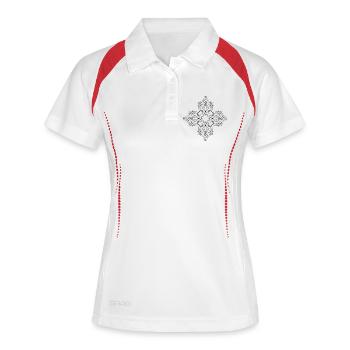 Elegante Symmetrie mit Elegantem Pferde-Motiv - Frauen Polo atmungsaktiv - Weiß/Navy - Vorne