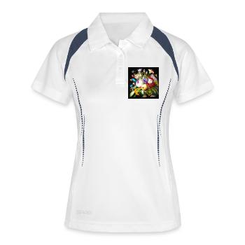 Farbenfroher Blumenstrauß auf Schwarz flämisch  - Frauen Polo atmungsaktiv - Weiß/Navy - Vorne