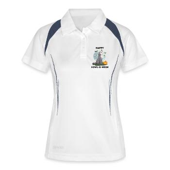 Happy Howl-o-ween – Wolf Halloween Wortspiel - Frauen Polo atmungsaktiv - Weiß/Navy - Vorne