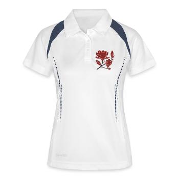 Motif de branche de magnolia rouge - Polo respirant Femme - blanc/marine - Devant
