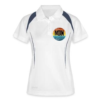 „MOIN Sunset“ – Retro - Frauen Polo atmungsaktiv - Weiß/Navy - Vorne