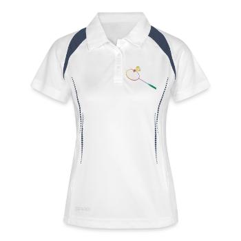Bunter Federballschläger mit Federball –Sportmotiv - Frauen Polo atmungsaktiv - Weiß/Navy - Vorne