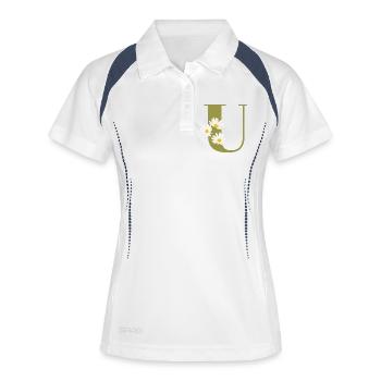 Grüne Gänseblümchen u Buchstabe - Frauen Polo atmungsaktiv - Weiß/Navy - Vorne