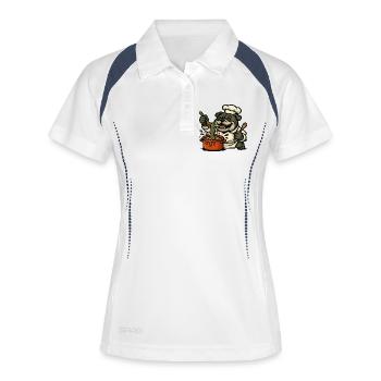 Bulldogge Koch Kochen Pasta Glücklich Cartoon Design - Frauen Polo atmungsaktiv - Weiß/Navy - Vorne