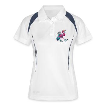 Lustiger Flamingo-Golfer-Cartoon Cooles Golftier - Frauen Polo atmungsaktiv - Weiß/Navy - Vorne