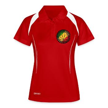Une feuille de cannabis à l'intérieur d'un cercle rouge jaune vert - Polo respirant Femme - blanc/marine - Devant