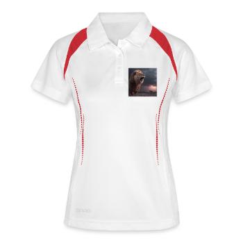 Löwe im Sturm – Dramatischer Roaring King - Frauen Polo atmungsaktiv - Weiß/Navy - Vorne