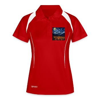 Wirbelnde Nacht über leuchtendem Dorf - Frauen Polo atmungsaktiv - Weiß/Navy - Vorne
