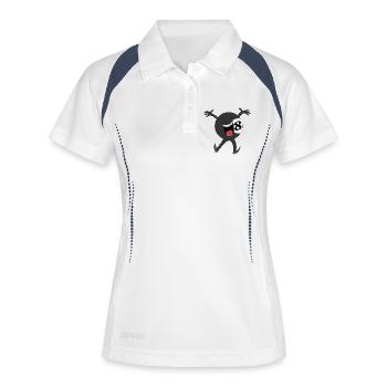 Lachender Achtball-Maskottchen - Frauen Polo atmungsaktiv - Weiß/Navy - Vorne